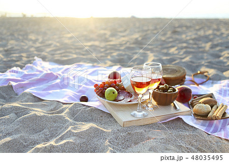 Picnic outdoor with rose wine fruits and cheese Picnic outdoor with rose wine fruits and cheese 48035495
