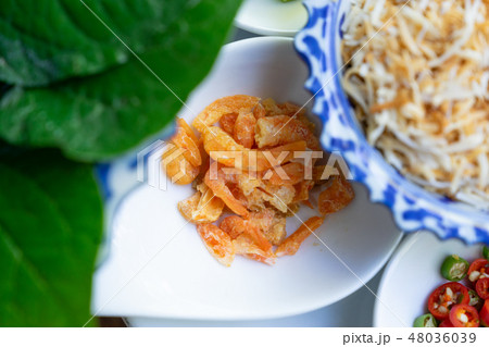 close up dried shrimp for miang khum ingredient close up dried shrimp for miang khum ingredient 48036039