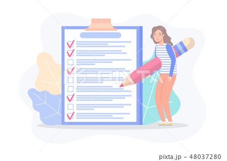 Tired Woman with Pencil Drawing Check Marks Vector 48037280