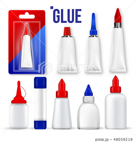 Glue Set Vector. Bottle, Tube, Stick. Super Fast Repair. Moment Gluing Fixing. Stationery Branding 48039219