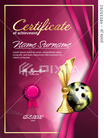 Bowling Certificate Diploma With Golden Cup Vector. Sport Vintage Appreciation. Modern Gift. Print Bowling Certificate Diploma With Golden Cup Vector. Sport Vintage Appreciation. Modern Gift. Print 48039262