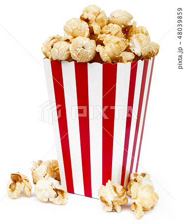 Isolated popcorn in square striped bucket 48039859