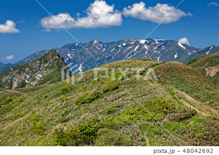 谷川連峰・蓬峠付近を行く登山者と大源太山・巻機山 48042692