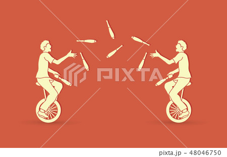 Men juggling pins while cycling together vector 48046750