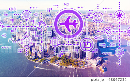 Airplane travel theme with aerial view of Manhattan 48047232