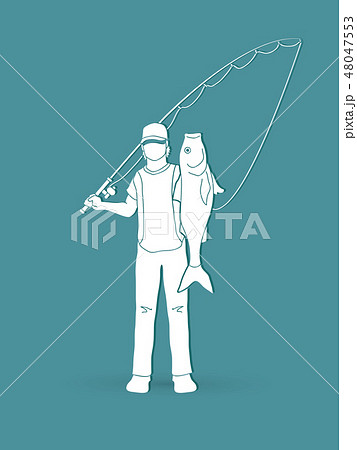 Fisherman standing and show big fish vector Fisherman standing and show big fish vector 48047553