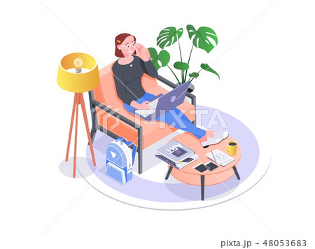 Entrepreneur woman wearing black blouse working with a laptop sitting on an armchair at home 48053683