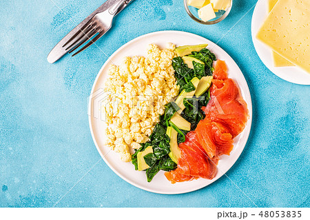 Ketogenic diet breakfast, scrambled eggs, salmon 48053835
