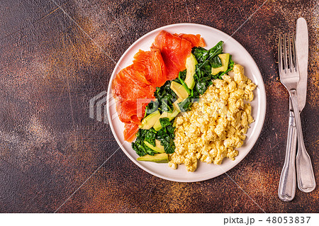 Ketogenic diet breakfast, scrambled eggs, salmon 48053837