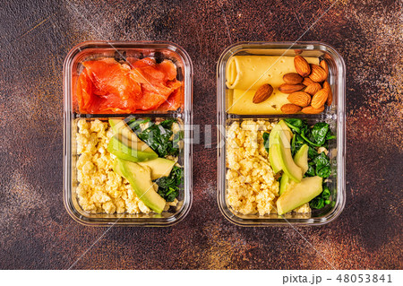 Healthy balanced lunch box, ketogenic diet lunch. 48053841