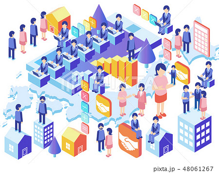 スマホとパソコンによる経理ビジネス 家とビルのアイソメ図ベクターコンセプトイラスト日本地図背景のイラスト素材 48061267 Pixta