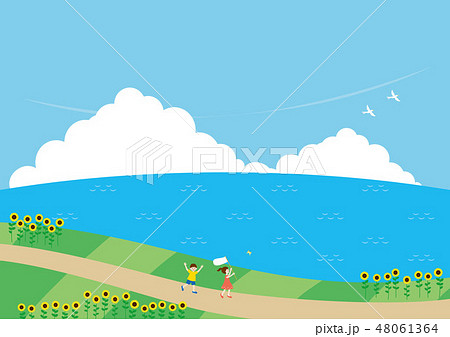 夏素材（横）-ひまわりと海の見える風景6 48061364