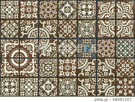 Seamless patchwork tile with Victorian motives. Majolica pottery tile, colored azulejo, original 48065207