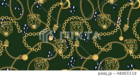 Tiger head and gold chains green pattern fashion wild vector design. 48065519