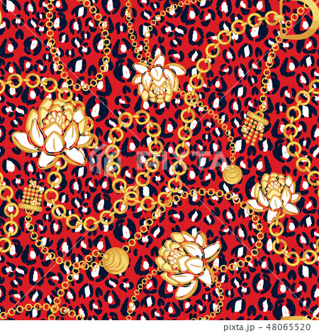 Gold chains red net pattern with bold flowers red leopard skin fashion vector design. 48065520