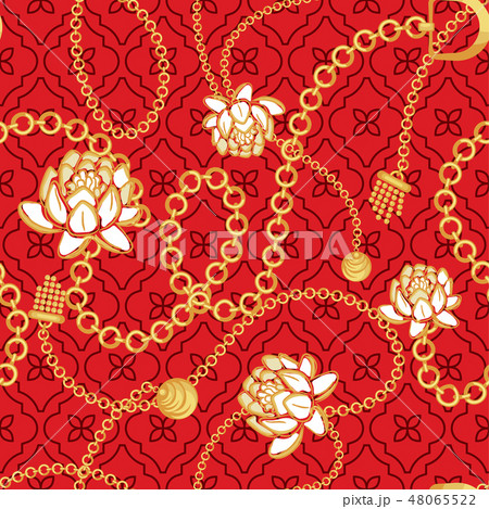 Gold chains red net pattern with bold flowers fashion vector design. 48065522