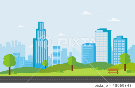 Public park with bench main street city with sky Public park with bench main street city with sky 48069343