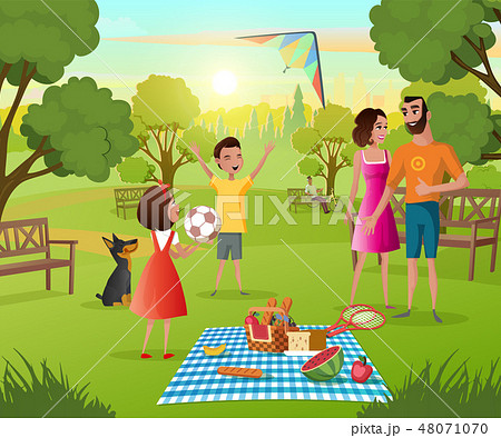 Happy Family Picnic in City Park Cartoon Vector 48071070