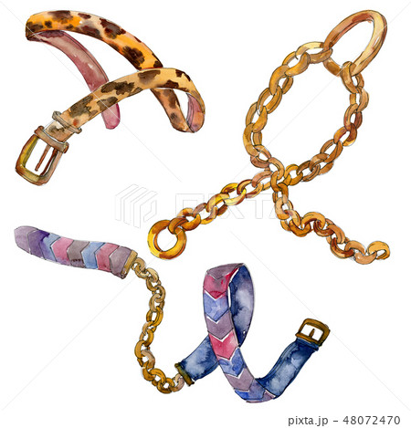 Leather and golden chain belts sketch fashion illustration in a watercolor style background 48072470