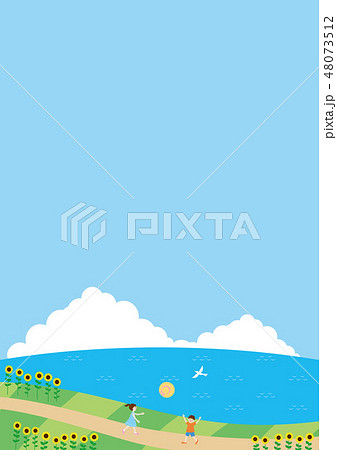 夏素材 縦 ひまわりと海の見える風景4のイラスト素材