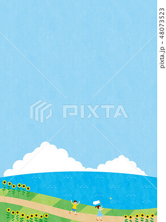 夏素材（縦）-ひまわりと海の見える風景6テク 48073523