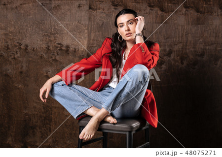 Nice attractive young woman being without shoes 48075271