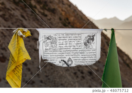 white prayer flag damaged by wind, Nepal 48075712