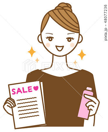 セールのチラシと商品を持って勧誘する若い女性のイラスト 48077236