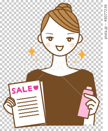 セールのチラシと商品を持って勧誘する若い女性のイラスト 48077236