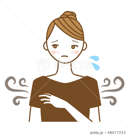 体臭のワキガ(腋臭症)に悩む若い女性のイラスト 48077253