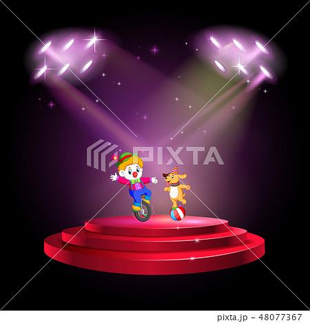 a man dressing up as a clown and dog at the stage 48077367