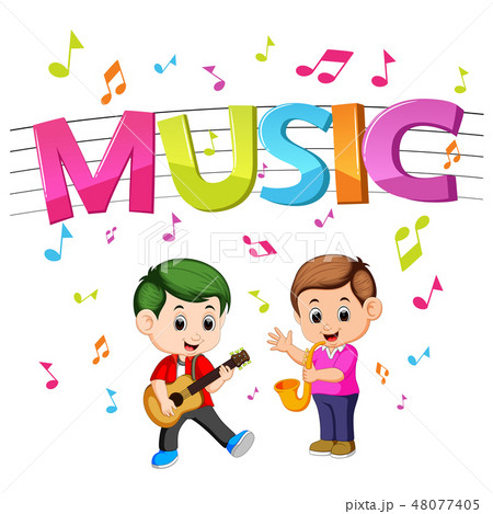 word music with kids playing guitar and saxophone word music with kids playing guitar and saxophone 48077405