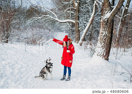 Young woman playing with her Husky dog in winter park Young woman playing with her Husky dog in winter park 48080606