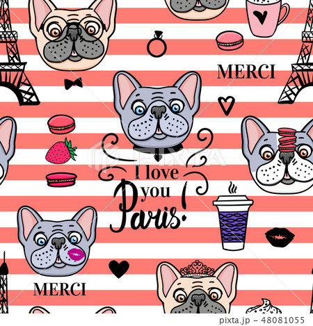 Seamless pattern French Bulldog.Vector Eiffeltower 48081055