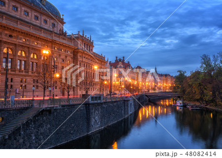 Prague embankment, night cityscape, Czech Republic 48082414