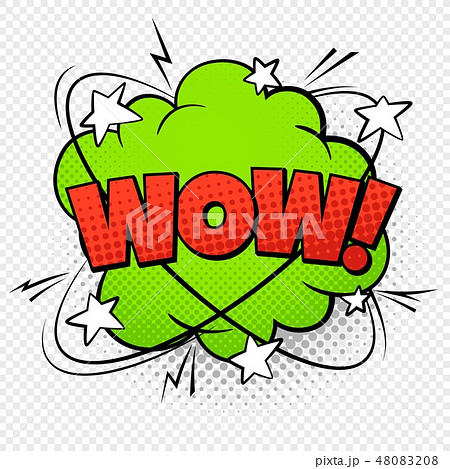 Wow comic word. Cartoon pop vintage speech bubble with halftone shadow on transparent background 48083208