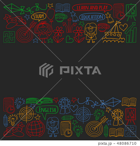 Vector set of learning English language, children's drawing icons in doodle style. Painted, colorful 48086710