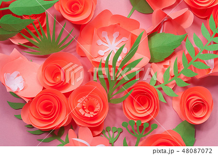 Different pink paper flowers on pink background 48087072