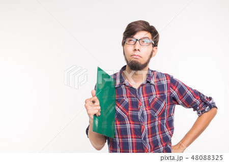 Funny bearded man with documents on white background with copy space Funny bearded man with documents on white background with copy space 48088325
