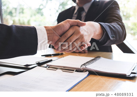 Successful job interview with boss and employee shaking hands af Successful job interview with boss and employee shaking hands af 48089331