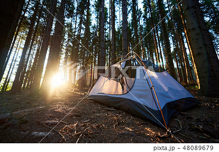 Tourist tent at campsite in the evening. Summer camping Tourist tent at campsite in the evening. Summer camping 48089679