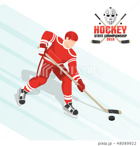A hockey player leads the puck on ice in a red uniform A hockey player leads the puck on ice in a red uniform 48089922