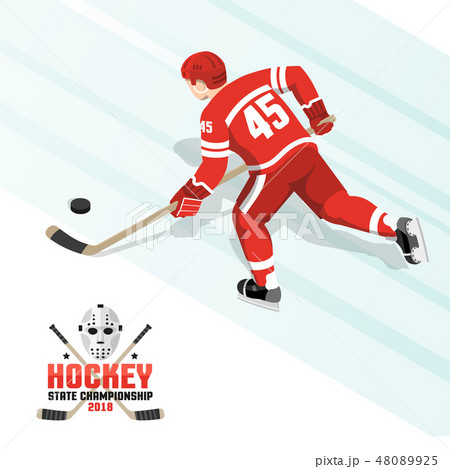 Ice hockey player with puck in  red uniform 48089925