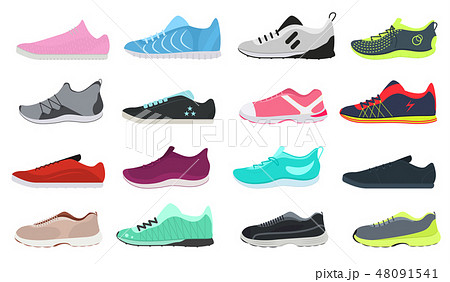 Cartoon Color Different Sneakers Shoes Set. Vector Cartoon Color Different Sneakers Shoes Set. Vector 48091541