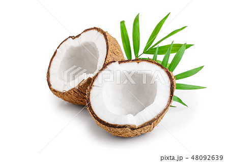 half of coconut with leaves isolated on white background half of coconut with leaves isolated on white background 48092639