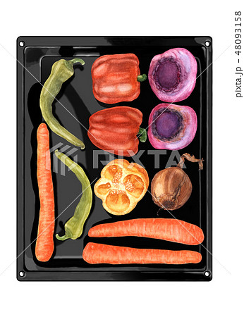 Colorful vegetables lying on black pan, drawn. 48093158