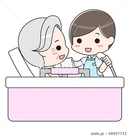 入浴介助 シニア男性と男性介護士のイラスト素材