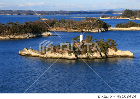 塩釜　多聞山から松島湾　地蔵島灯台を望む 48103424
