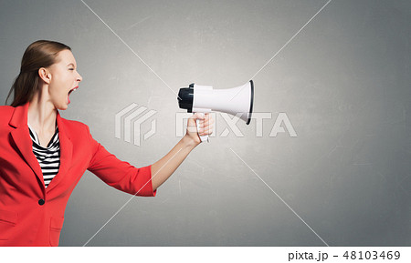 Woman making loud announcement 48103469