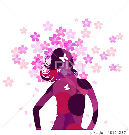 少女 女性 可愛い 桜 さくら お花見 蝶のイラスト素材